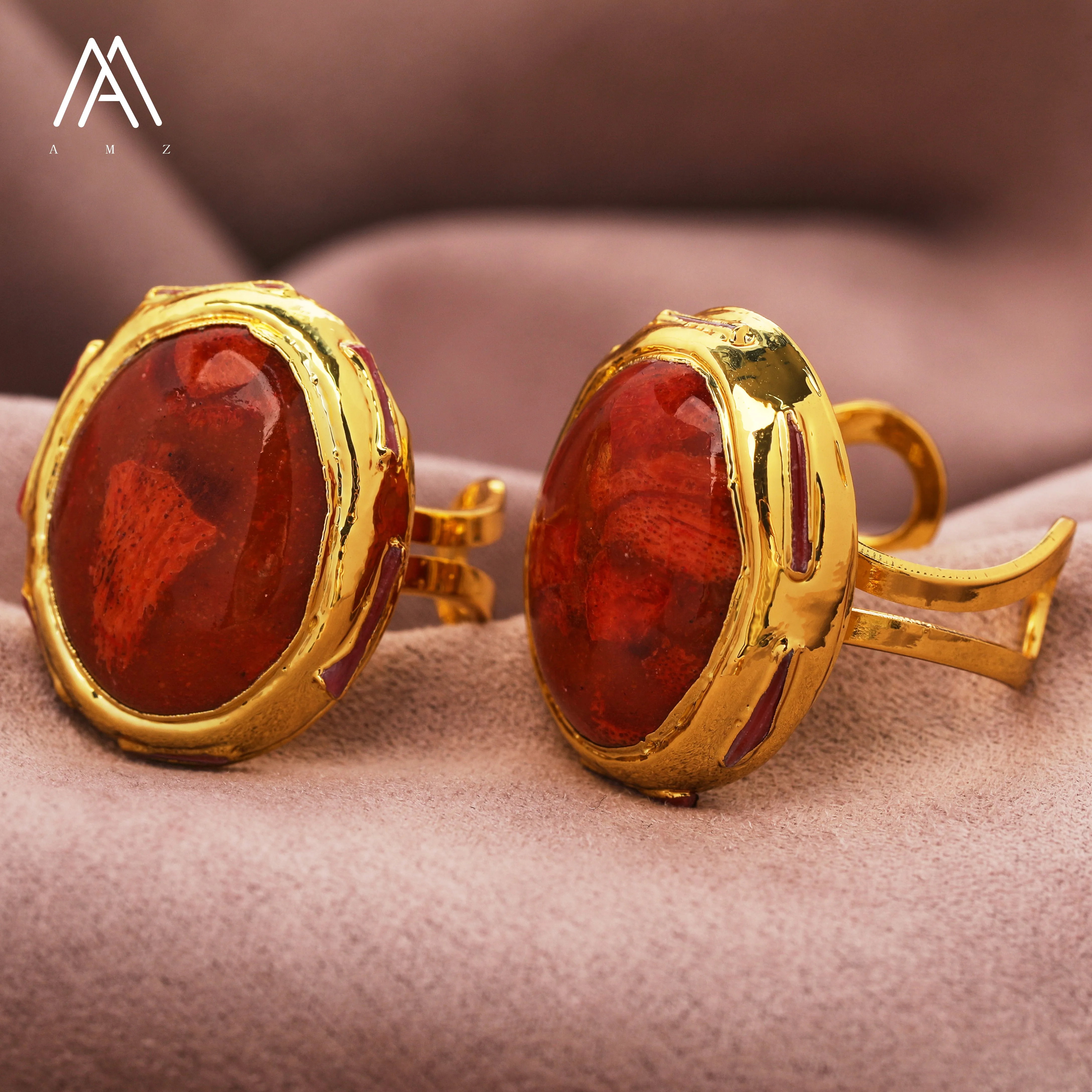 Big Natural Oval Red Spong Coral Gold Edge Plated Rings Adjustable Gems vintage Ring Handmade For Lady