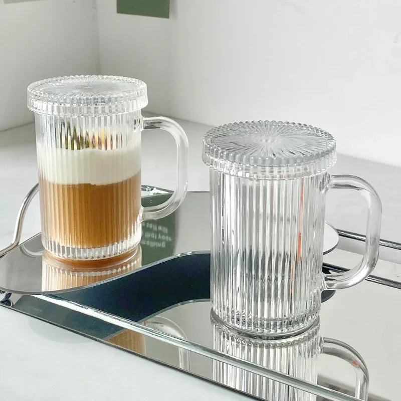 

TOPLIVING Stripe Glass Cup with Lid 330ml/380ml Coffee Mug Milk Latte Mocha Cups Luxury Whiskey Glass Transparent Breakfast Mug
