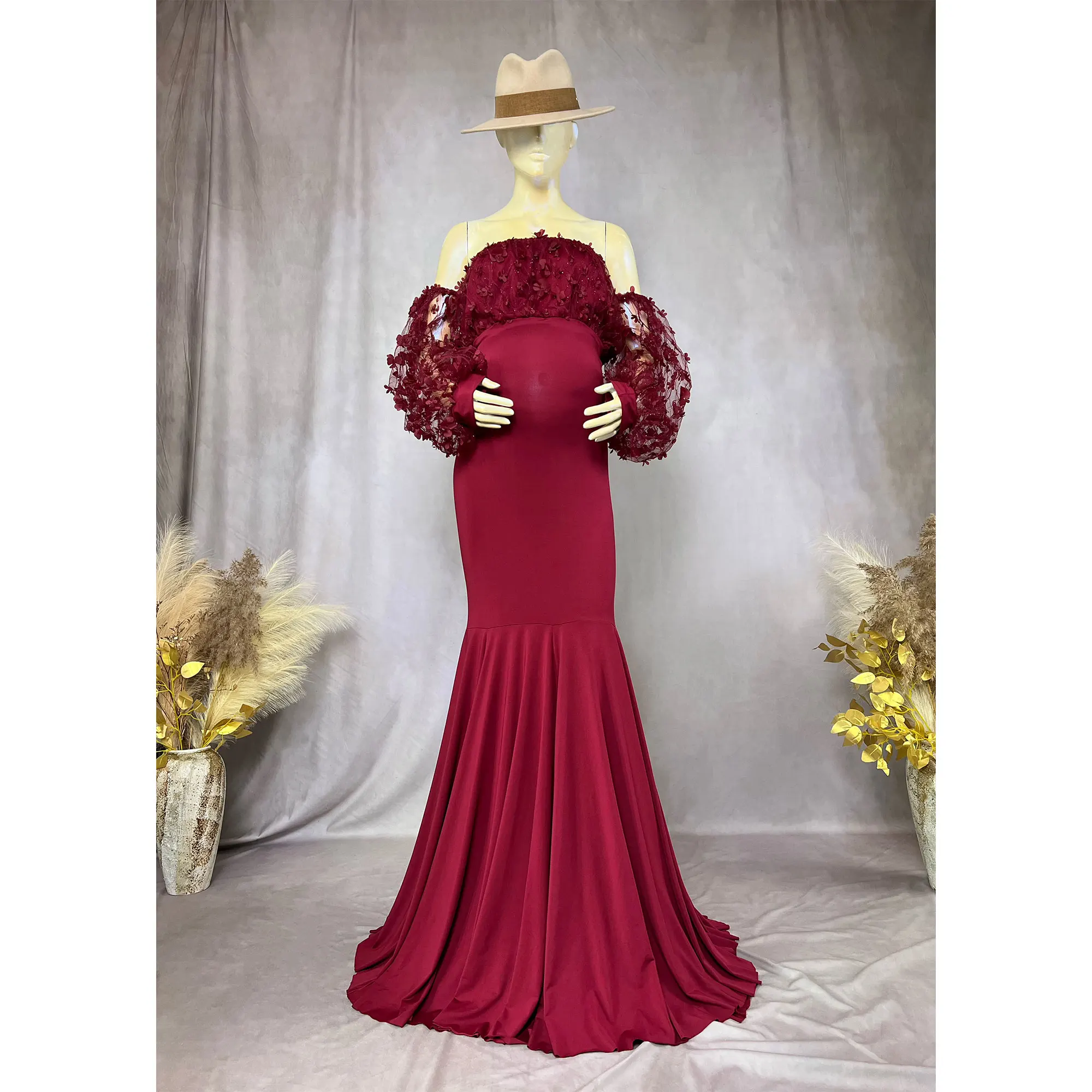 Don&Judy Pregnancy Dress A Line Shoulder Burgundy Sexy Maxi Dress Photography Wedding Party Photography Pregnant Women Clothes