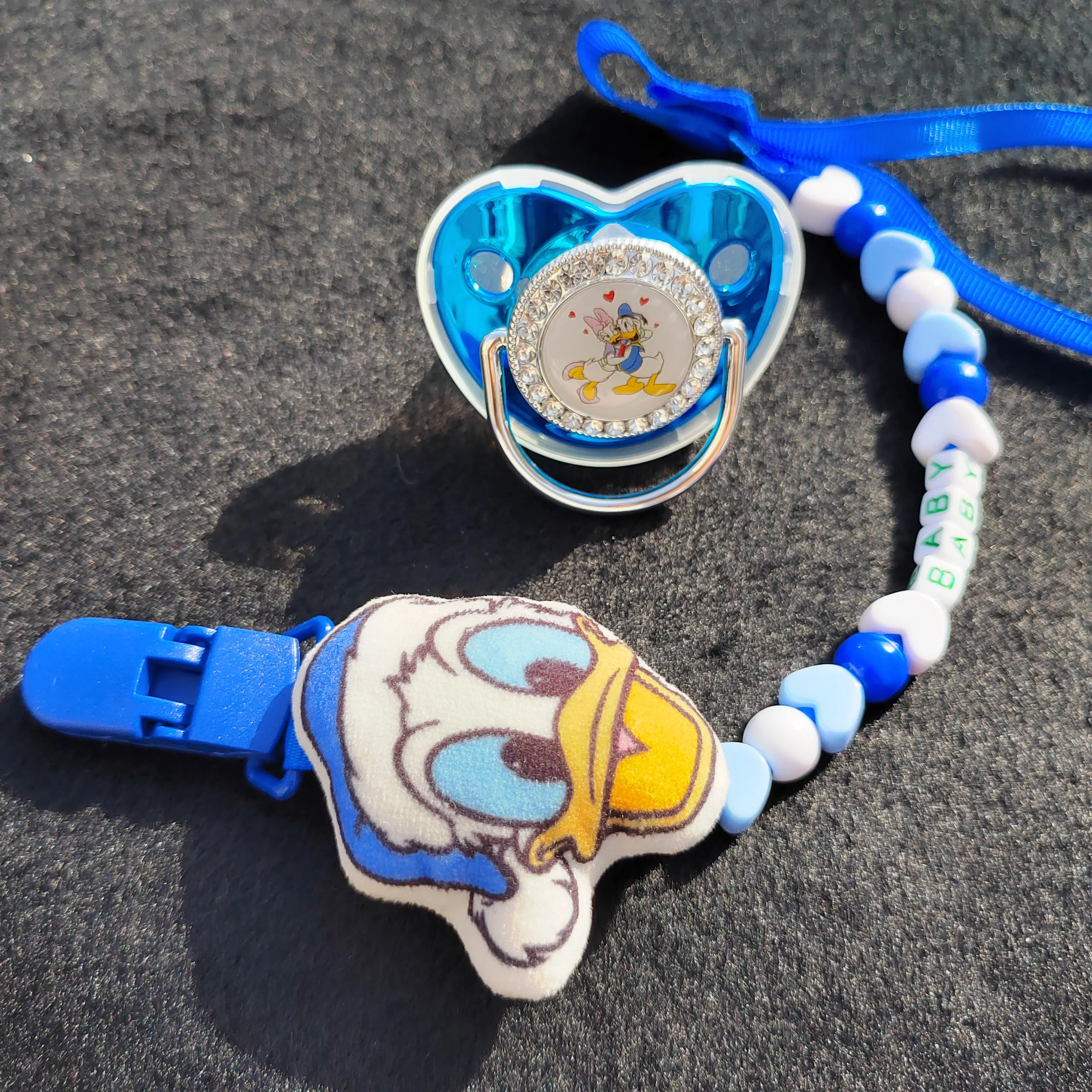 Luxury Pacifier with custom cute card Tonne-holder baby boy and girl silicone tooth toy Donald Duck image Gold shiny Pacifier