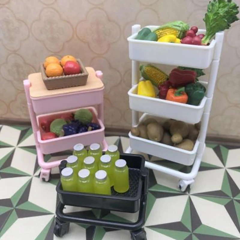 Dollhouse Miniatures 1/12 Fruits Vegetable Desserts Snack Shelf With Wheels Kitchen Trolley Storage Display Doll house Decor