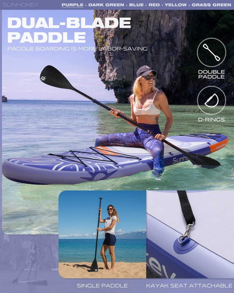 SUNHOKEY Purple Waterproof Inflatable Paddle Board 11''x34''x6