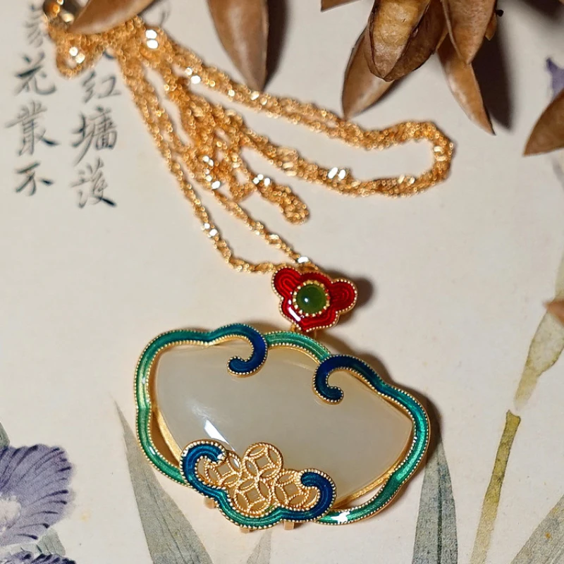 

Ancient Gold Craft Natural Hotan White Jade Classic Ruyi Enamel Pendant Necklace Retro Chinese Style jewelry for women