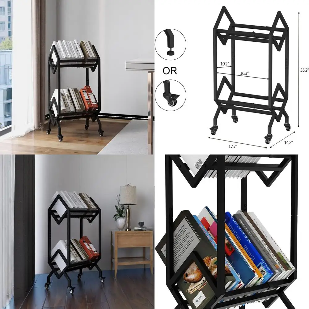 

Bookshelf Book Rack Industrial Metal Bookcase 2 Tier Holder with Wheels Modern Stylish Design Magazines Files Album Recipe Book