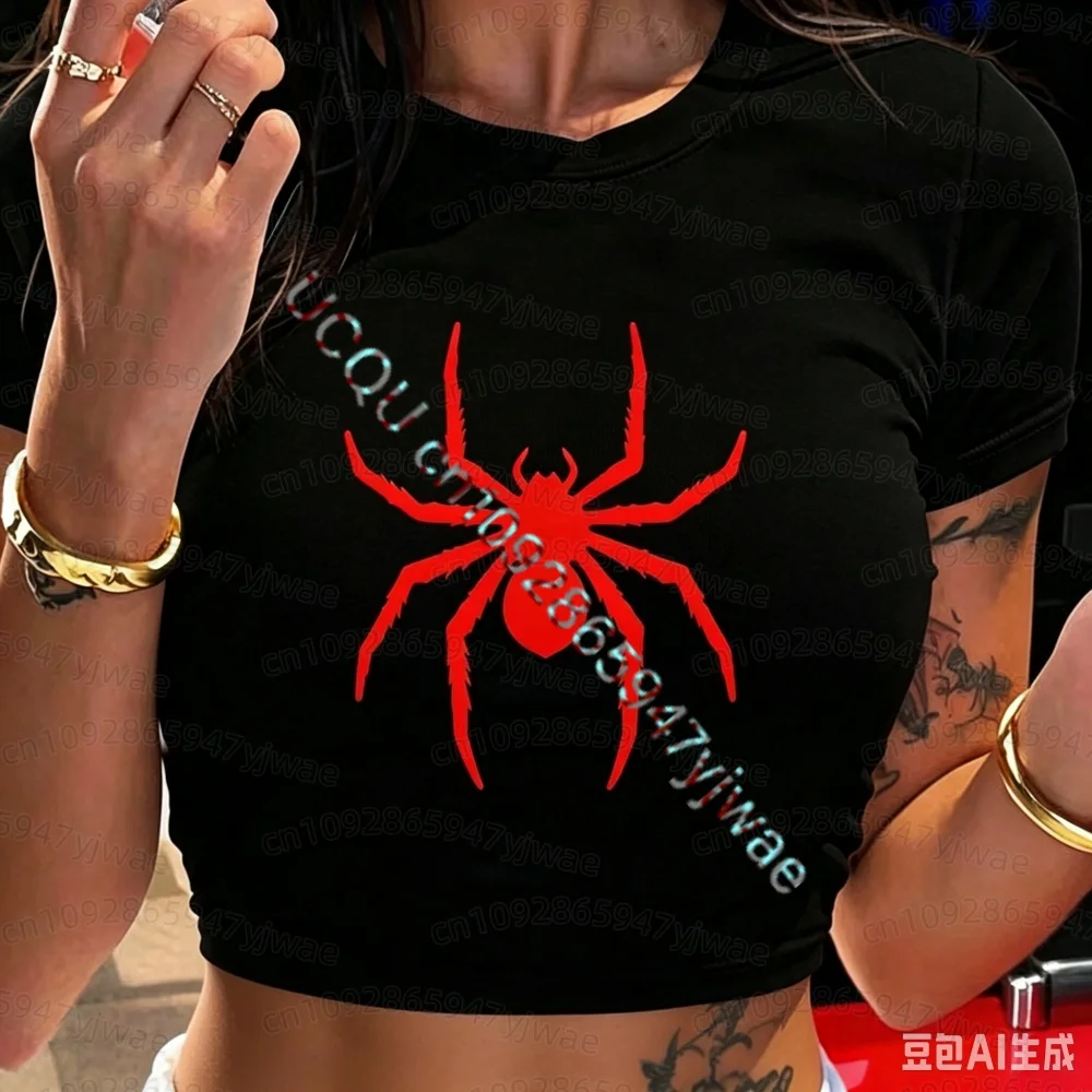 Y2k T shirt for Woman Funny Spider Print Graphic Cropped T Shirt Women's Sexy Crew Neck Short Sleeve Crop Top  Women T-Shirt
