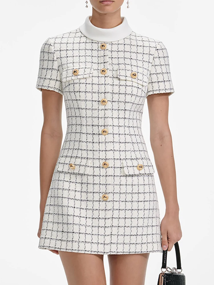 

Sexy Half High Collar Stitching Plaid Button Pacthwork Dress Women Short Sleeves Slim Mini Dresses Elegant Evening Party Cocktai