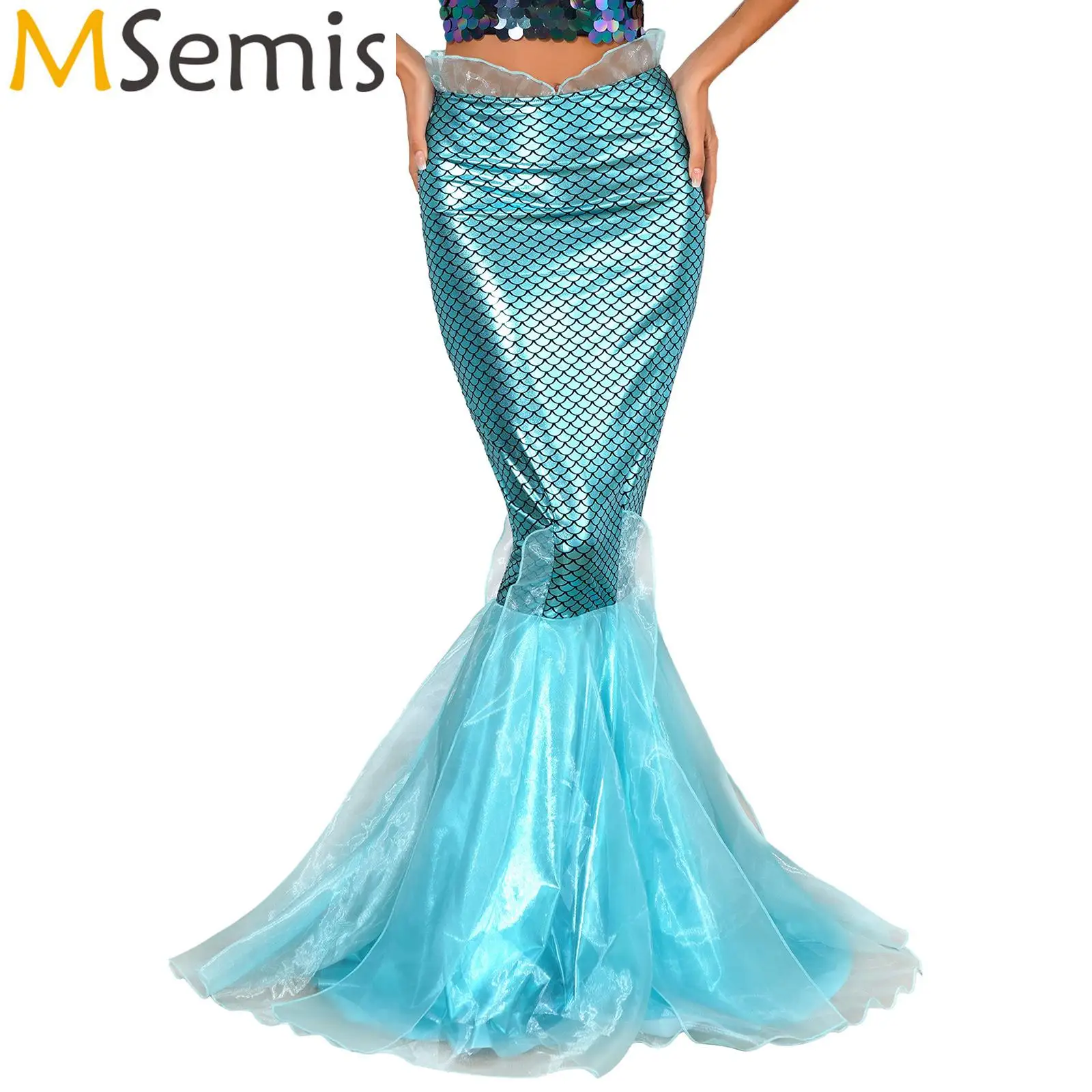 

Womens Halloween Mermaid Maxi Skirt Cascading Tulle Fish Scale Print Metallic Shiny Fishtail Skirt Mermaid Cosplay Costume