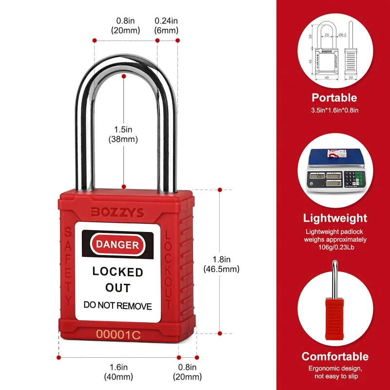 60Pcs Red LOTO Lockout Locks, Keyed Different, Numbered, 2 Keys Each, 60 PVC Warning Tags, Nylon Body, Stainless Steel Shackle
