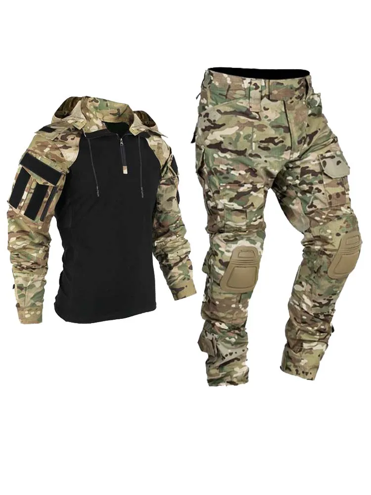 Paintball garnitury taktyczne jednolite Camo spodnie myśliwskie + podkładka zestawy ubrań do airsoftu koszula bojowa z kapturem odporna na zużycie Multicam Tropic — zdjęcie 2