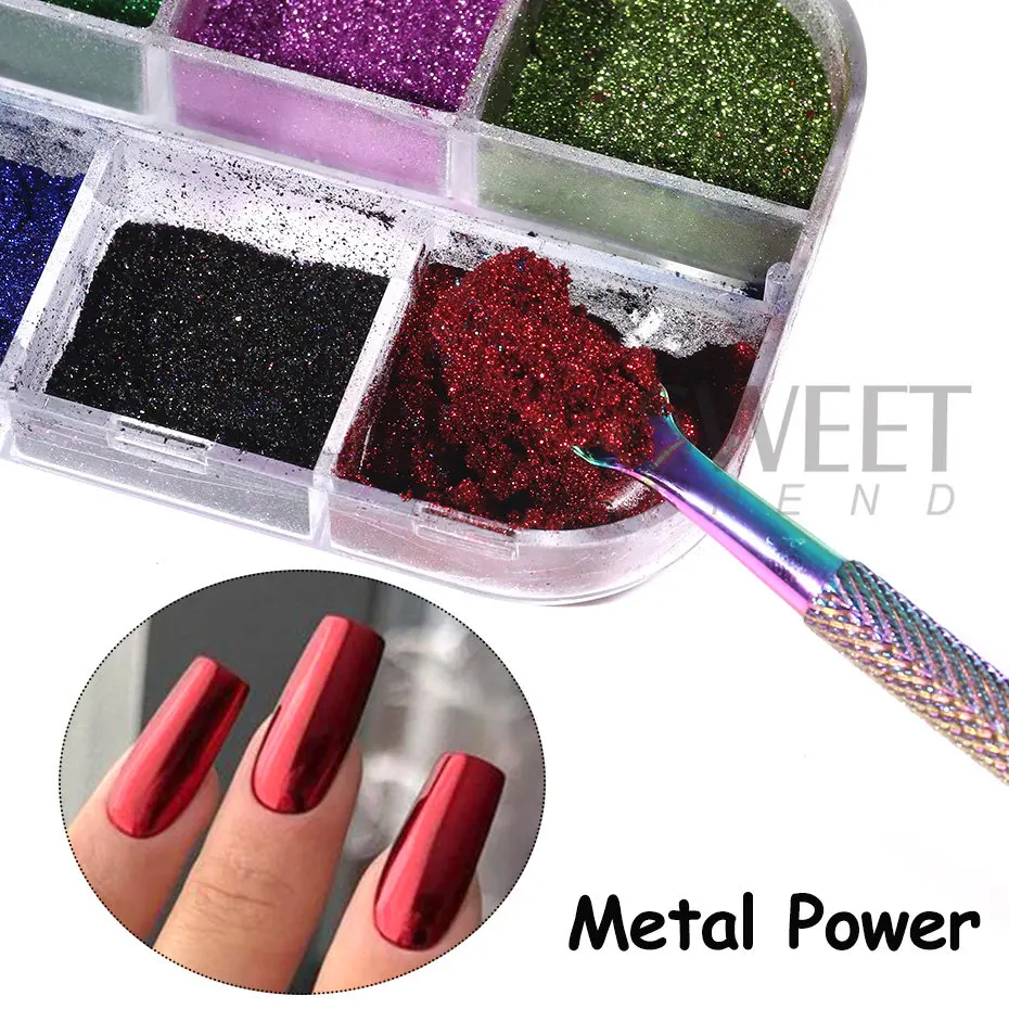 12 Colors Metallic Powder Nail Pigment Holographic Mirror Metal fine Rubbing On Nail Dust Glitter UV Gel Polish Nail Decoration