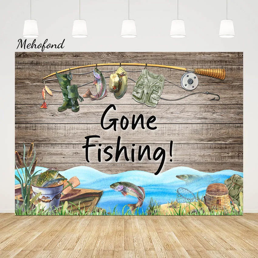 

Mehofond Gone Fishing Theme Backdrop Fishing Boy Birthday Party Decor Wooden Board Fish Baby Shower Background for Photocall