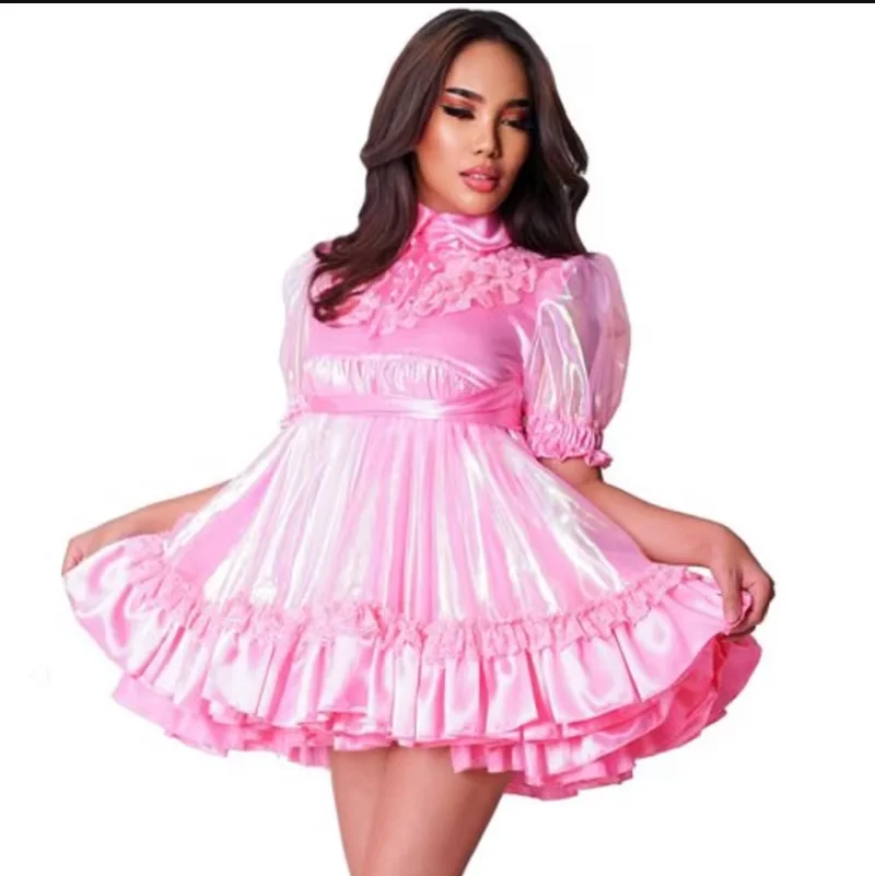 

Adult Giant Baby Sexy Girl Pink Thin High Neck Satin Sissy Colorful Dress Maid Role Playing Ball Customizable Lockable