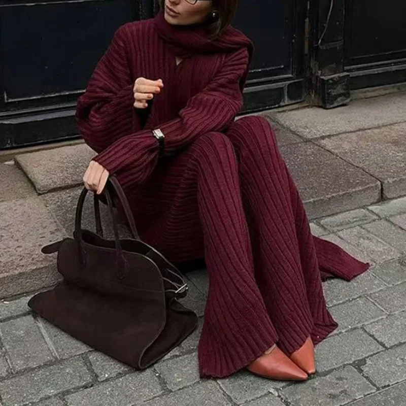 Retro Fashion Knitted Sweater Set With Scarf Solid Color Casual Chic Women's Pants 2pcs Set Autumn Winter Trendy Women's Outfits