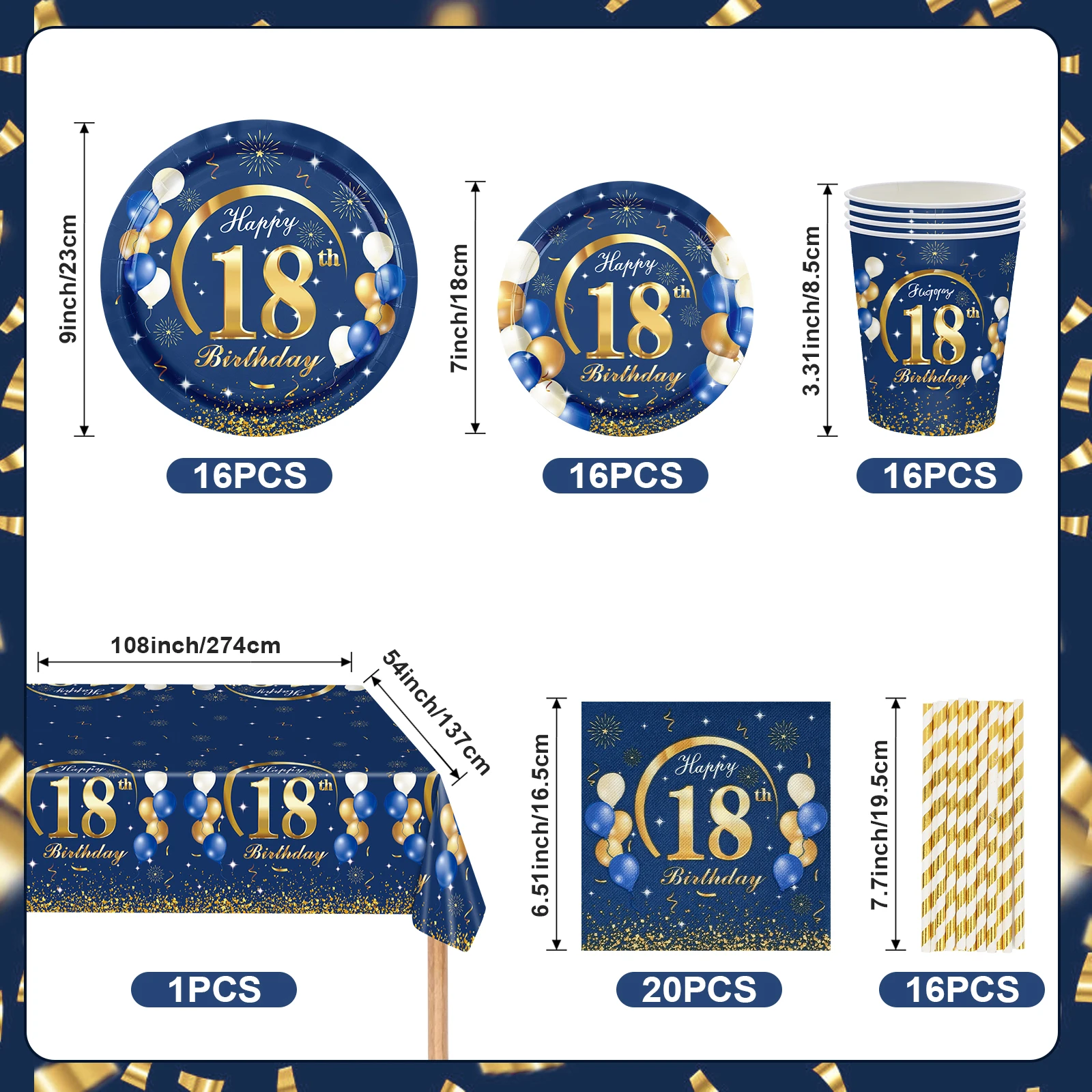 85Pcs Dark Blue Gold 18th Birthday Disposable Tableware Paper Plates Cups Napkin Straw Tablecloth Adult Elegant Party Decoration