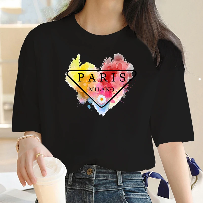 Luxury Brand Fashion Heart Shaped Paris Pattern Printed Crew Neck Clothing Short Sleeve T-Shirt Trend Women's Summer Y2K Top