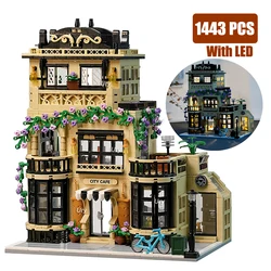 City Street View Modular Coffee Restaurant Retro Flower House con luce a LED MOC Architecture Building Block set giocattoli per bambini