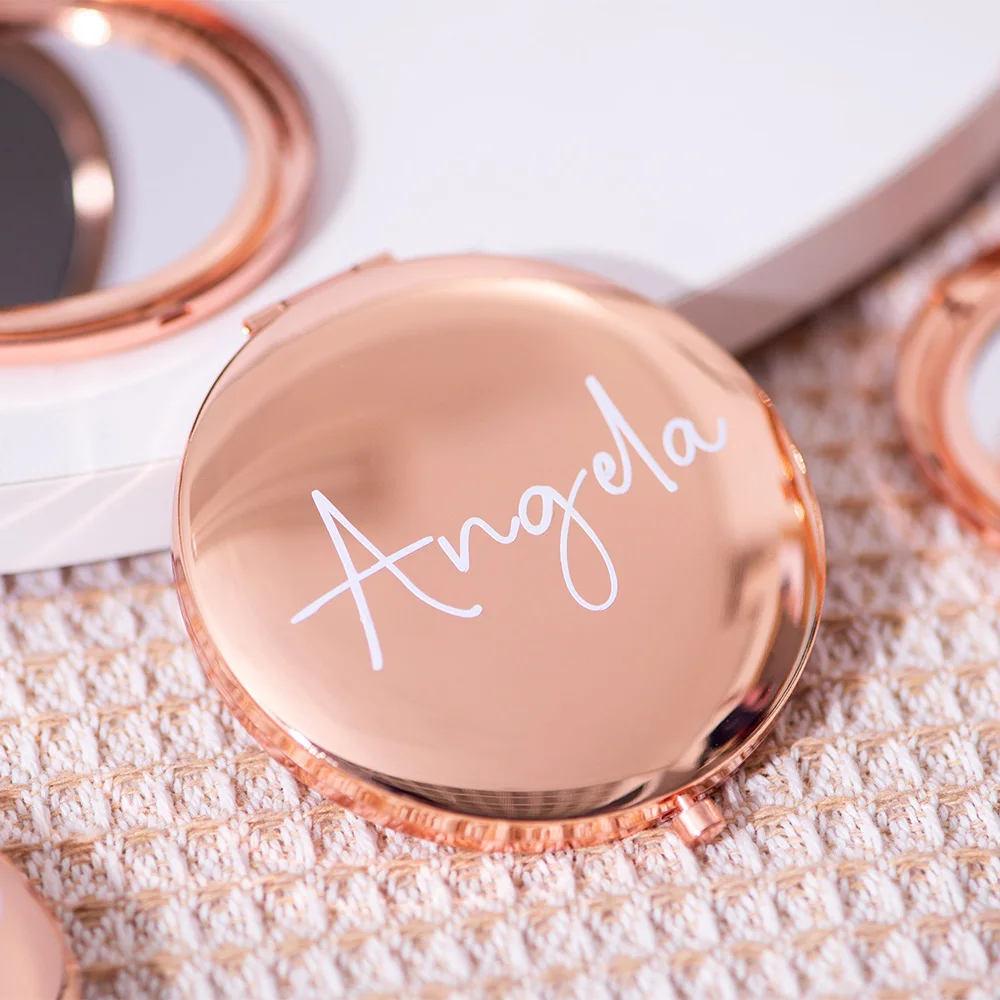 Personalized Compact Mirror Wedding Bridesmaid Gifts Custom Pocket Cosmetic Mirror Engraved Name & Logo Circle Rose Gold for Her