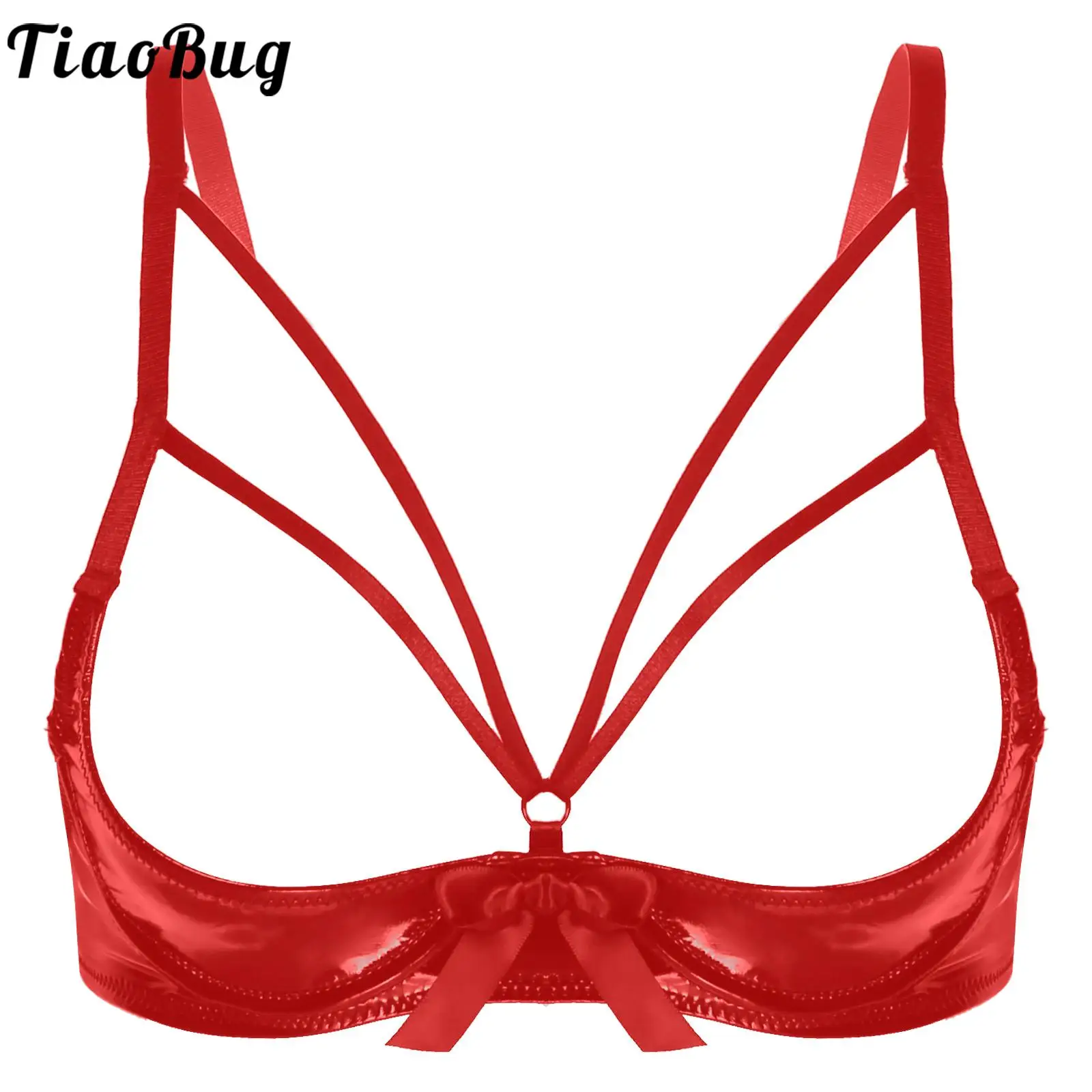 Sexy Lingerie Womens Erotic Patent Leather Cupless Bra Tops Half Cup Open Nipple Bowknot Underwired Bras Tank Bralette Crop Tops