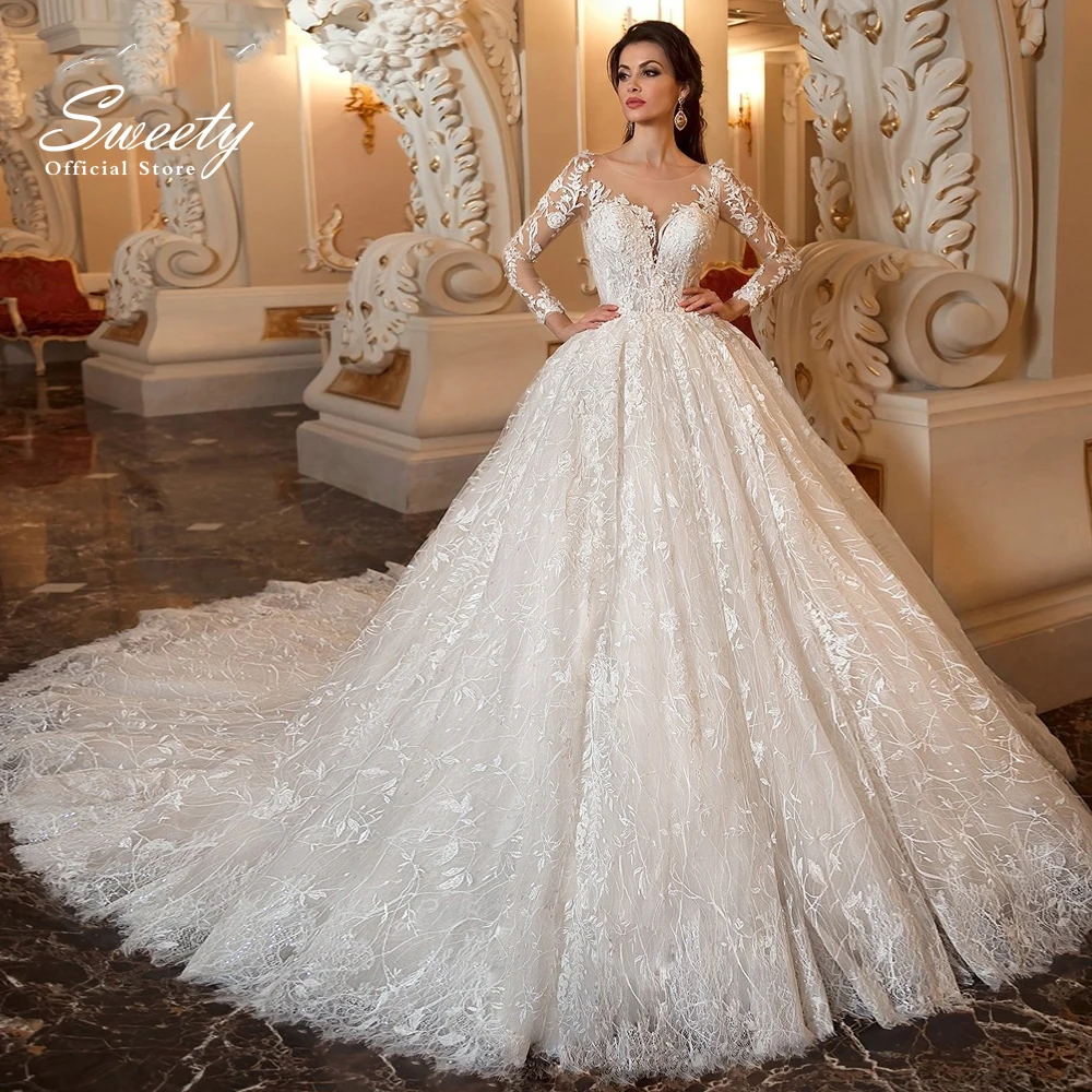 Luxury Wedding Dress Embroidered Lace With Bead Ballgown O-Neck Fullsleeve ​Bridal Button Appliques Vestido De Novia Customized