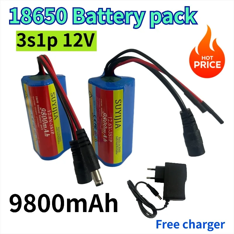 Batería 3S1P 18650 de 12V y 9800mAh para cámara CCTV, batería de iones de litio recargable con cargador de 12,6 V