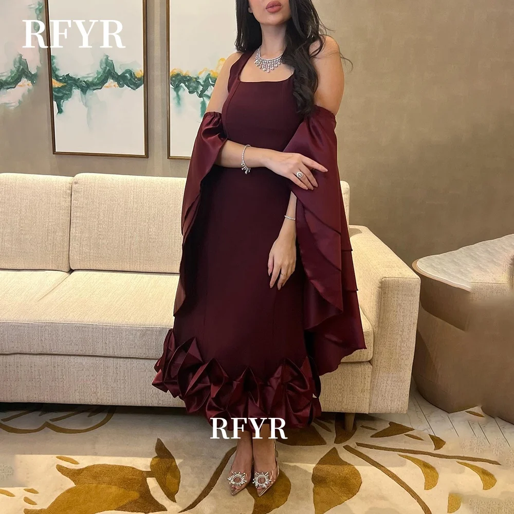 

RFYR Mermaid Prom Dress Off Shoulder Evening Dress Tea Length Party Dress Crepe Celebrity Gala Dress for Arabic Women Customized