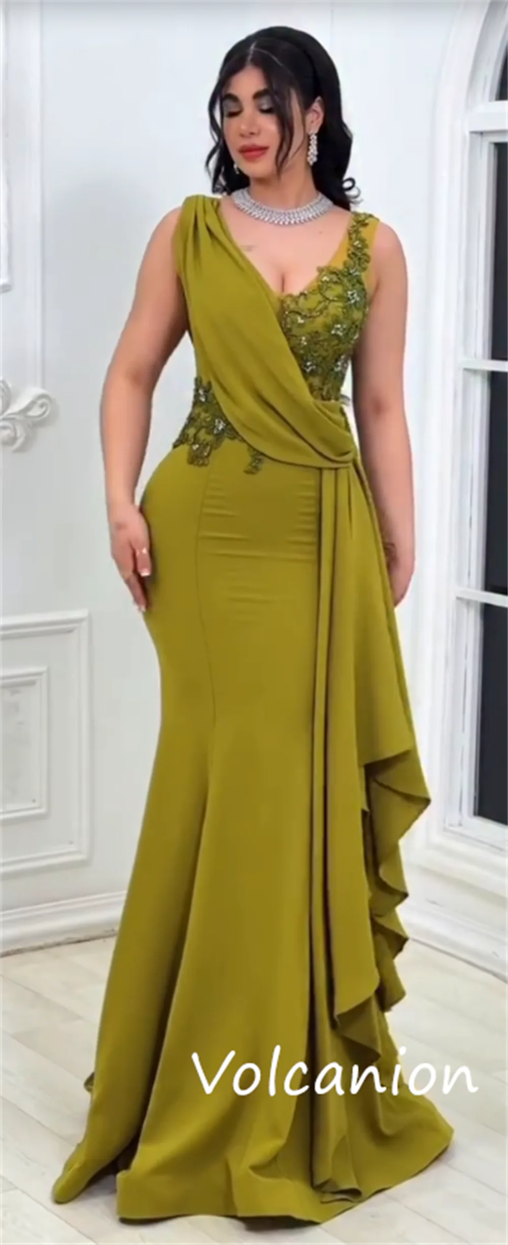 Customized Fashion Intricate Jersey Sequined Pleat Trumpet V-neck Long Dresses Bespoke Occasion High Quality