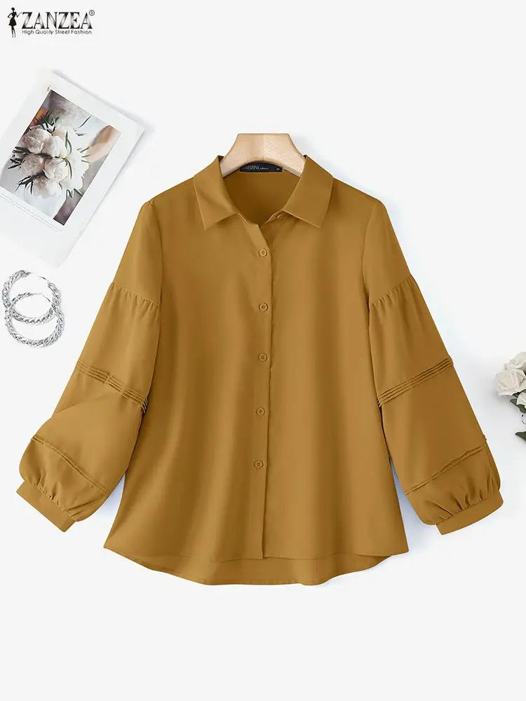 Women Fashion Blouses ZANZEA Lantern Long Sleeve Autumn Tops Lapel Elegant Office Lady Shirts Casual Female Blusas Streetwear