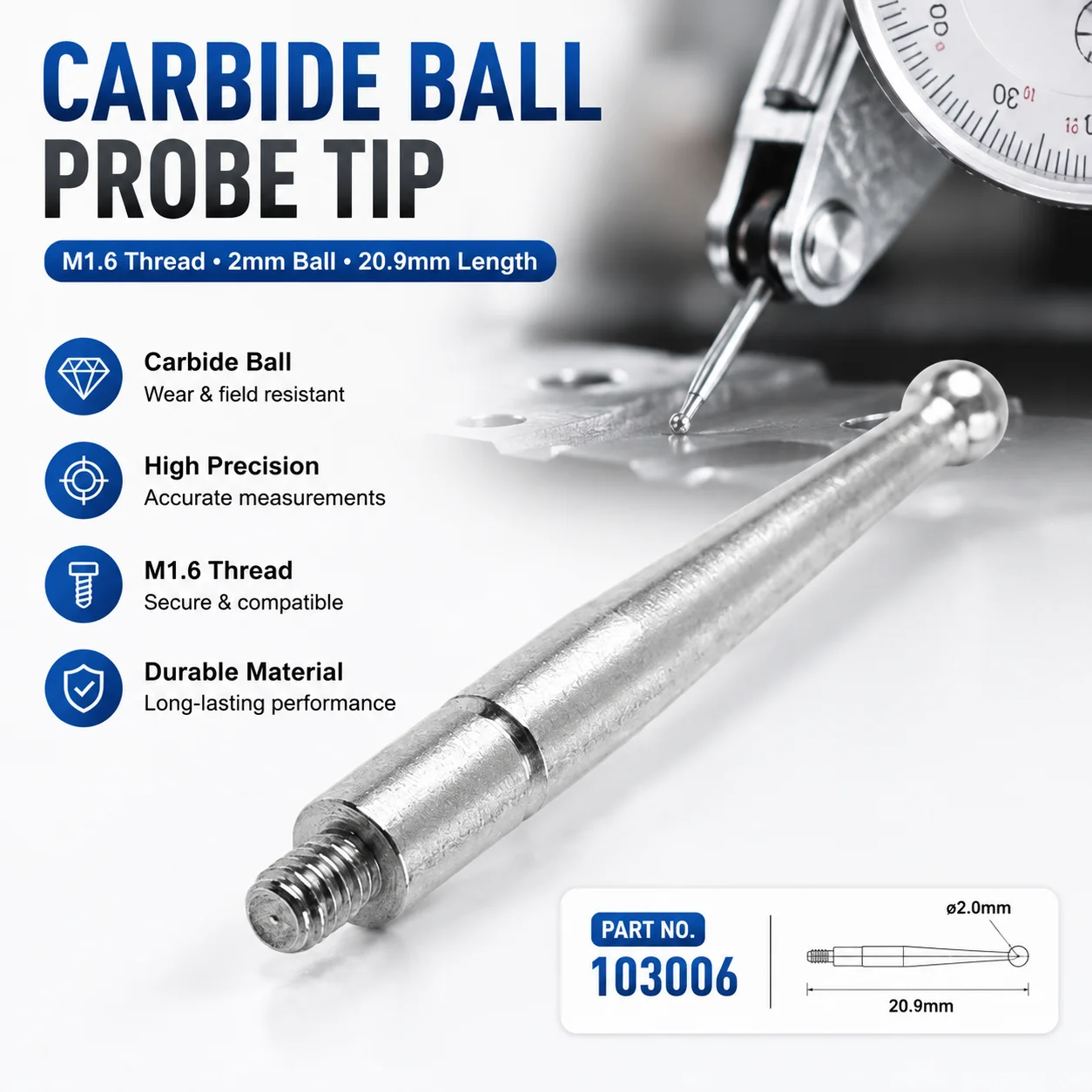 Carbide Ball Indicator Point M1.6 Metric Thread for Dial Test Indicators Including 513 204FE 513 254FE 513 264F