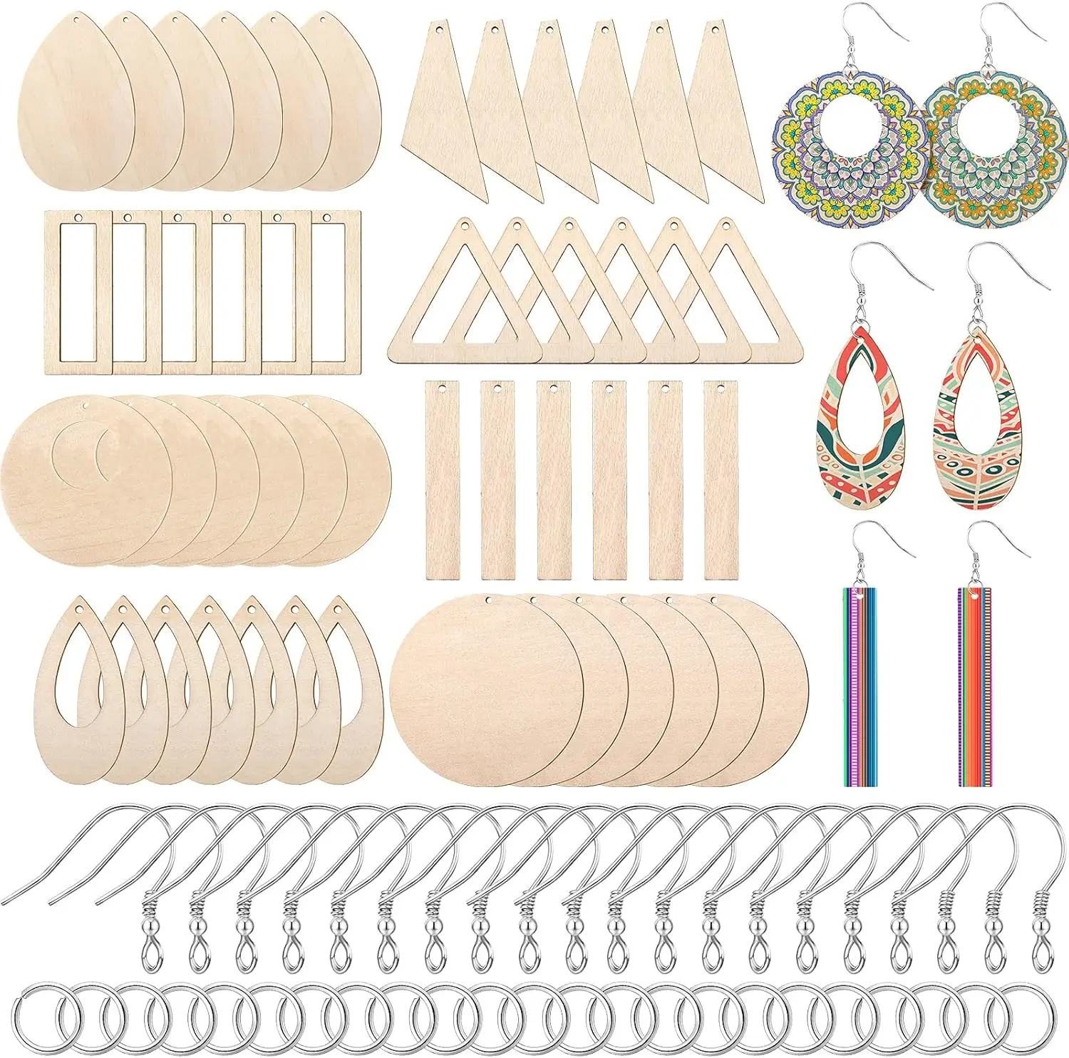 

197-Piece Wooden Dangle Earring Making Kit, Including 48 Wooden Pendants, 100 Jump Rings, 49 Earring Hooks for DIY Craft Jewelry