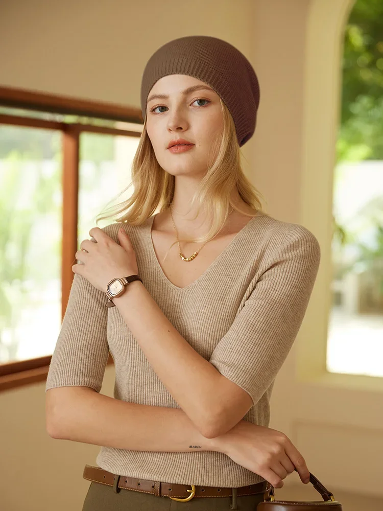 100% Cashmere Beanies Ribbed Hem Women Unibody Caps Knit to Shape Hat Autumn Winter Basic Real Cashmere Warm Hair Bonnet 2023