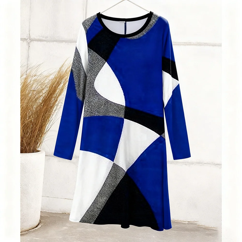 

Women's Dresses Casual Geometric Print Long Sleeve Round Neck Dress With Moderate Elasticity For Daily Vacation Holiday Club Wea