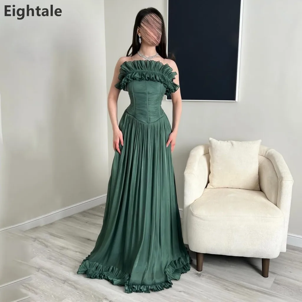 Eightale 2026 Green Strapless Evening Dress Ruched Shimmer Chiffon Dubai Party Gown Formal Prom Dress Customized