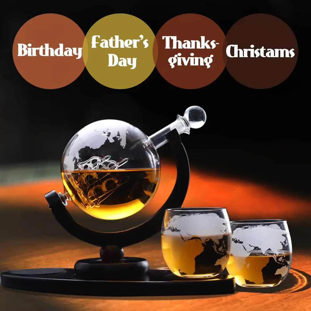 Globe Whiskey Decanter Beverage Drink Dispenser for Liquor Scotch Bourbon Vodka Wine 850 ML with 2 Glasses