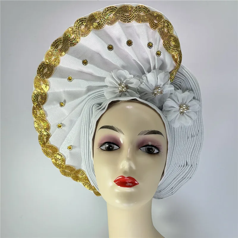 Nigerian gel headgear, with stone bead, already made auto, turban, afro aso ebi gel aso oke, wide brim headgear 7L111802