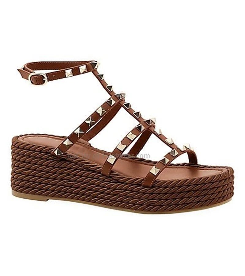 Rock Stud Caged Platform Sandals Women Espadrille Ankle Strappy Leather Thick Sole Sandal Summer Beach Causal Dress Shoes