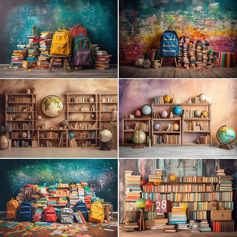 

Back to School Backdrop Blackboard Vintage Wood Wall Globe Books Children Portrait Photography Background Photo Studio Props