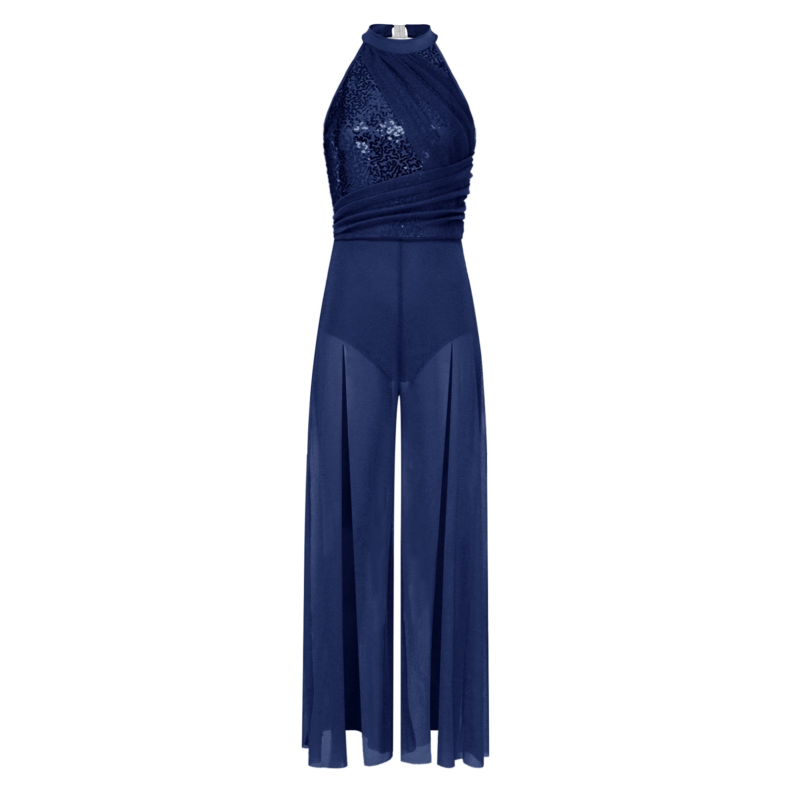 

Women Shiny Sequin Sheer Mesh Lyrical Dance Wide-leg Jumpsuit Figure Skating Gymnastics Acrobatics Modern Contemporary Dancewear