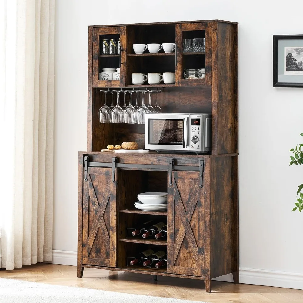 

70" Tall Wine Cabinet with Sliding Barn Door, Storage Shelves, Wine and Glasses Rack, Farmhouse Bar Cabinet