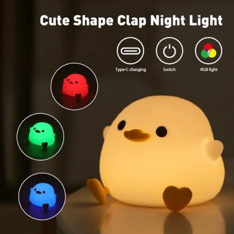 DoDo Duck Night Light, LED Cute Silicone Dimmable Nursery Lamp, Rechargeable USB-C Bedside Touch Sensor Lamp, RGB and Warm Whit view 6