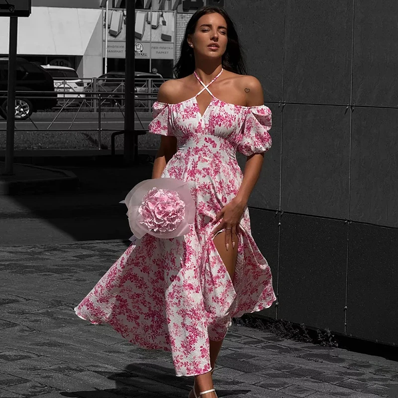 トルノバ オフショルダー 花柄 レディース バケーションドレス 半袖 レース ファッション プリント スリット ロングドレス カジュアル ルーズ 2026 夏新作