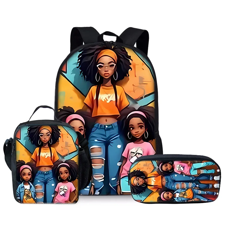 Cartoon Novelty Funny Cool African girl 3D Printed 3pcs/Set pupil School Bags Laptop Daypack Backpack Lunch bag Pencil Case