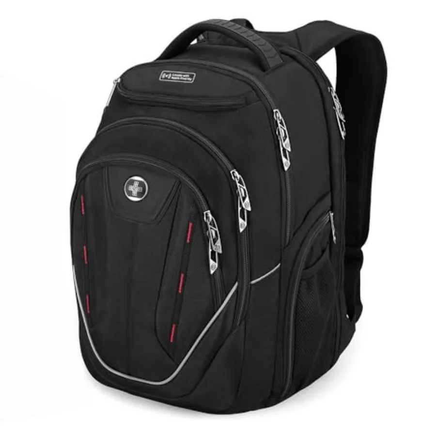 TSA Laptop Backpack Men's USB Charging Port Large Ccity Business Travel Backpack Black with Apple Find My Network Black/Red J16