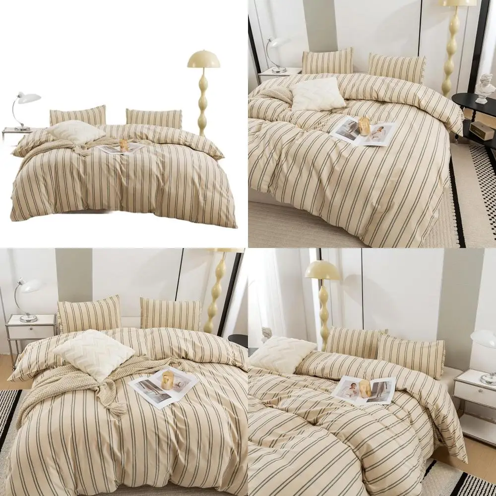 

Duvet Cover Queen Size - Linen Feel Organic Natural 100% Washed Cotton, Soft Breathable & Durable Bedding Set, Comfy Stripe Desi