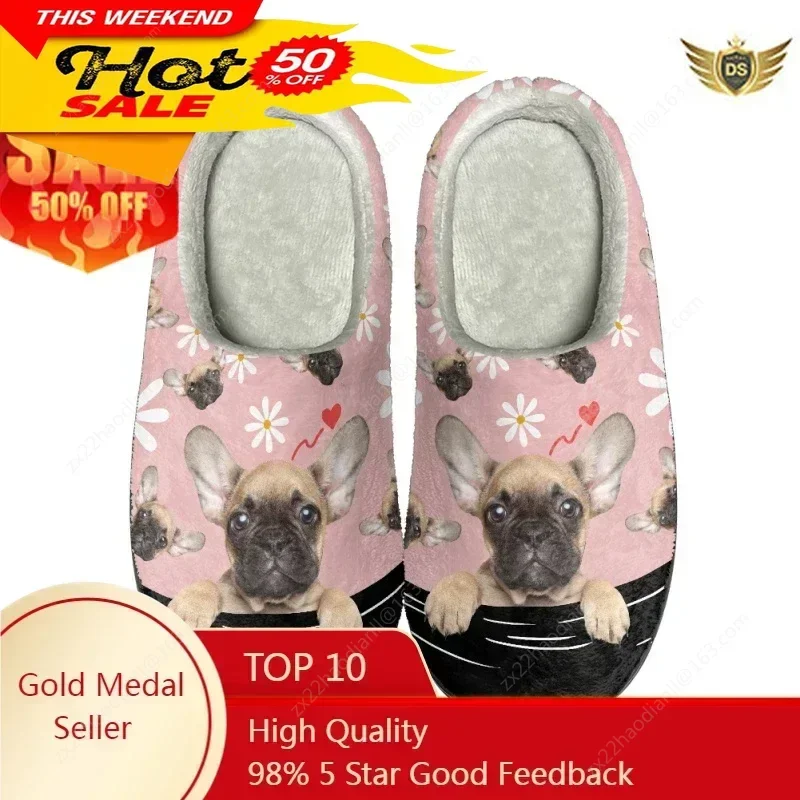 

French Bulldog Print Women Men Plush Slippers Lightweight Winter Comfort Flat Floor Silent Slides For Pets Lovers