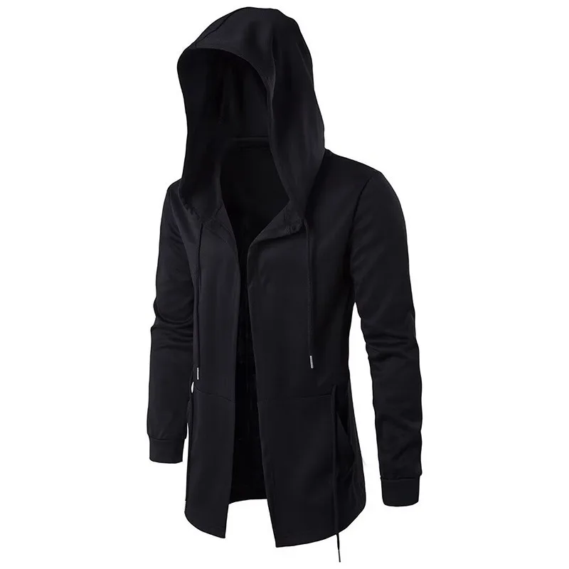 KIDWHXR Herrenmantel Herbst Streetwear Einfarbiger Kapuzen-Trenchcoat Schlanker Mittellanger Langarm Atmungsaktiver Lässiger Herren-Überzieher – Detail 4