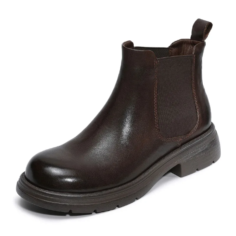 DRKANOL Women Genuine Leather Chelsea Boots Autumn Winter British Style Retro Round Toe Slip On Thick Heel Ankle Chimney Boots