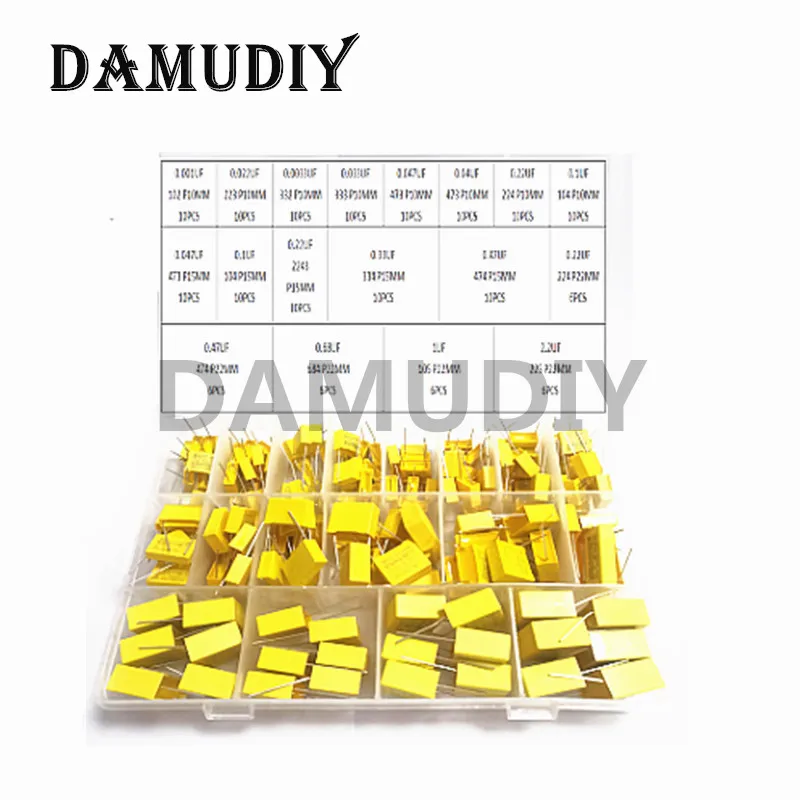 

160pcs/Lot Polypropylene Film X2 Safety Capacitor Assorted Kit 275VAC 18Values 102K-225K 1NF-2.2UF Sample Set