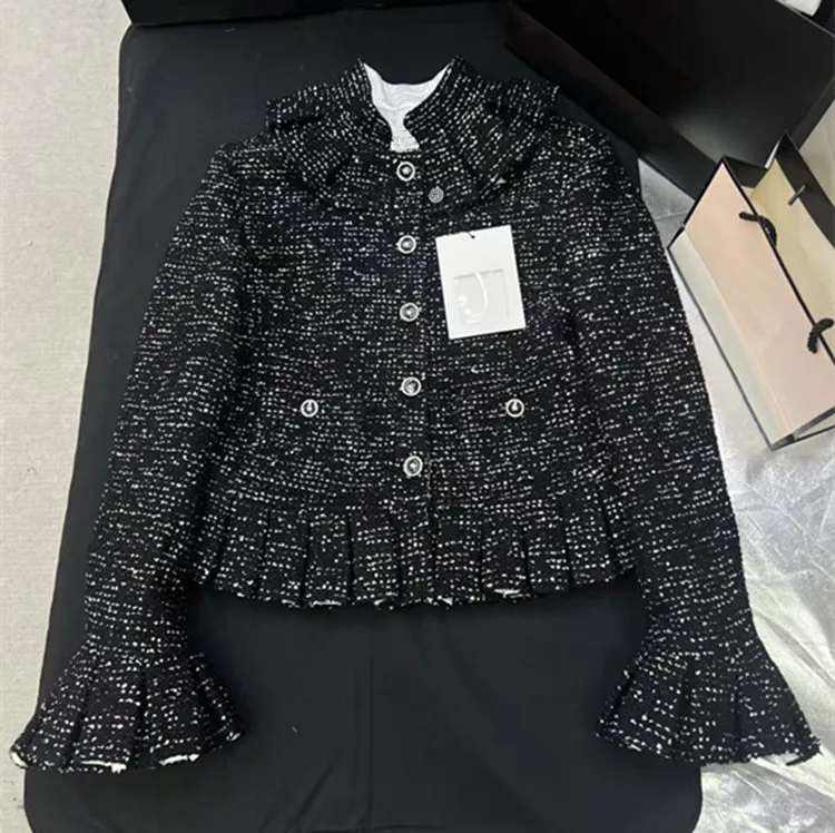 Customization European women's fashion 2026 spring new style Long-sleeved stand-up collar ruffled lace tweed coat and skirt set