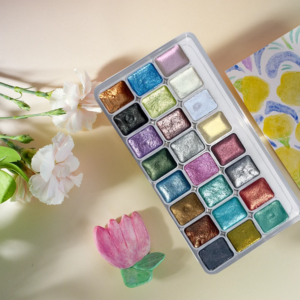 

24-Color Pearl Metallic Watercolor Paint Set, High Pigment Shimmer Pan Palette, Portable for Artists