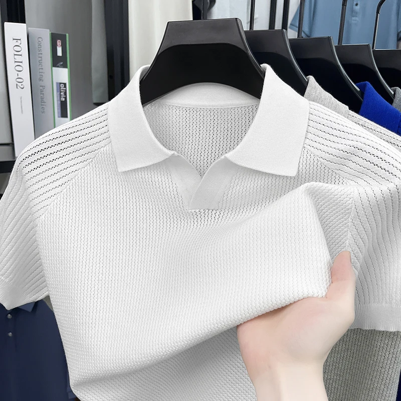 Flip Collar Seagull Collar Vintage Style Polo Shirt Men's Short Sleeved Knitted Breathable Summer Casual Versatile Top